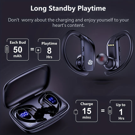 Stereo Surround Headphones with LED Display, Noise Cancelling, Over-Ear Buds with Earhooks, Built-in Mic for Workout