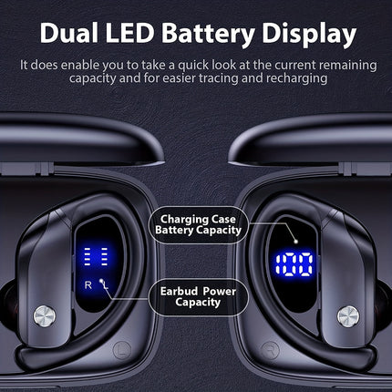 Stereo Surround Headphones with LED Display, Noise Cancelling, Over-Ear Buds with Earhooks, Built-in Mic for Workout