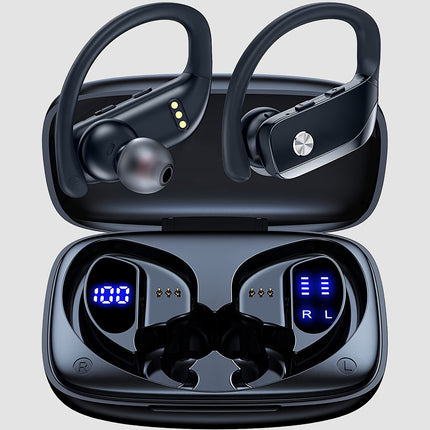 Stereo Surround Headphones with LED Display, Noise Cancelling, Over-Ear Buds with Earhooks, Built-in Mic for Workout