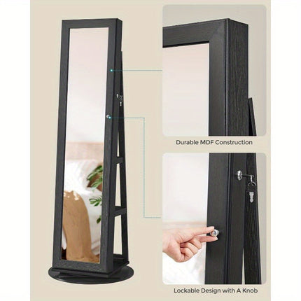 360°  Jewelry Armoire with Lock, Full-Length Mirror, Rear Storage Shelves, Interior Mirror