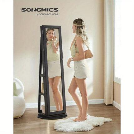 360°  Jewelry Armoire with Lock, Full-Length Mirror, Rear Storage Shelves, Interior Mirror