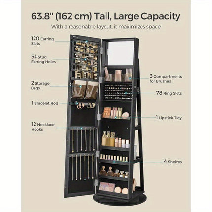 360°  Jewelry Armoire with Lock, Full-Length Mirror, Rear Storage Shelves, Interior Mirror