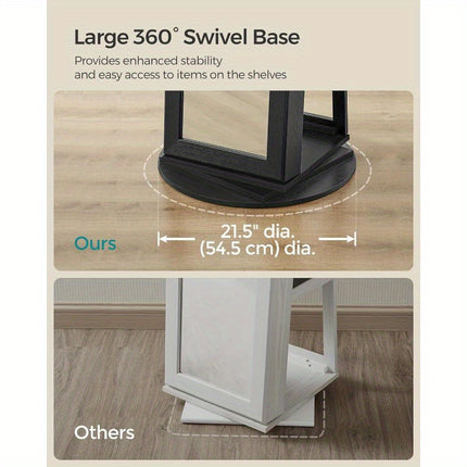 360°  Jewelry Armoire with Lock, Full-Length Mirror, Rear Storage Shelves, Interior Mirror
