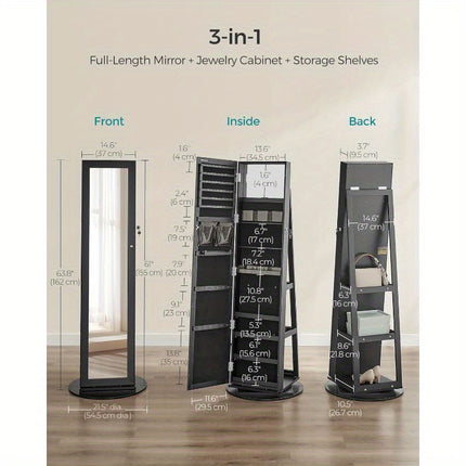 360°  Jewelry Armoire with Lock, Full-Length Mirror, Rear Storage Shelves, Interior Mirror