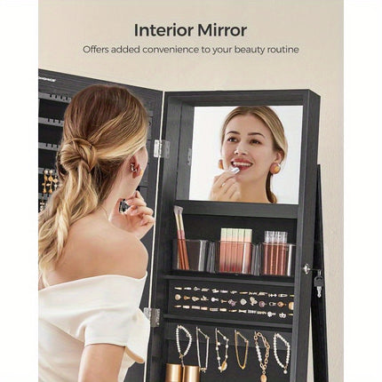 360°  Jewelry Armoire with Lock, Full-Length Mirror, Rear Storage Shelves, Interior Mirror