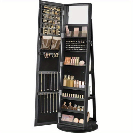 360°  Jewelry Armoire with Lock, Full-Length Mirror, Rear Storage Shelves, Interior Mirror