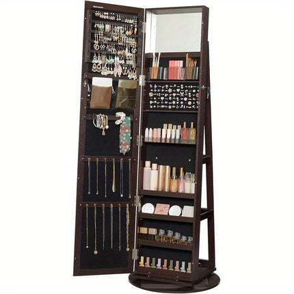 360°  Jewelry Armoire with Lock, Full-Length Mirror, Rear Storage Shelves, Interior Mirror
