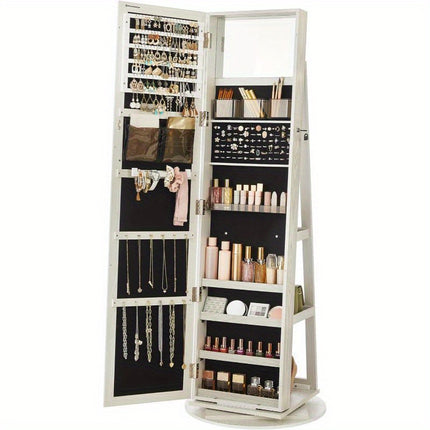 360°  Jewelry Armoire with Lock, Full-Length Mirror, Rear Storage Shelves, Interior Mirror