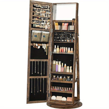 360°  Jewelry Armoire with Lock, Full-Length Mirror, Rear Storage Shelves, Interior Mirror