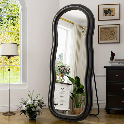 Full-Length Mirror - Stylish Flannel-Wrapped Wood Frame, Versatile for Hanging or Leaning in Cloakroom,