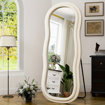 Full-Length Mirror - Stylish Flannel-Wrapped Wood Frame, Versatile for Hanging or Leaning in Cloakroom,