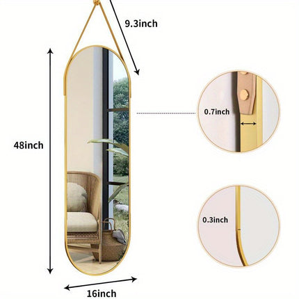 "16""x48"" Arched Full Length Mirror - Modern Aluminum Frame with Hanging Leather Cord For Bathroom