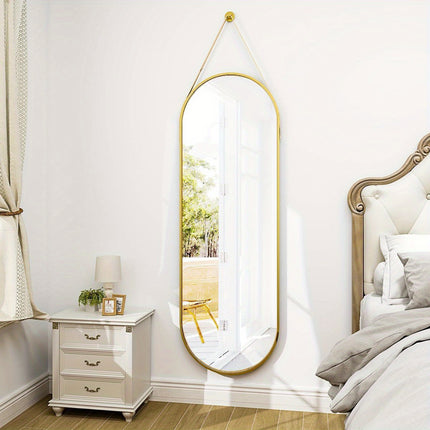 "16""x48"" Arched Full Length Mirror - Modern Aluminum Frame with Hanging Leather Cord For Bathroom