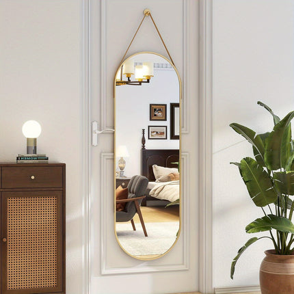 "16""x48"" Arched Full Length Mirror - Modern Aluminum Frame with Hanging Leather Cord For Bathroom