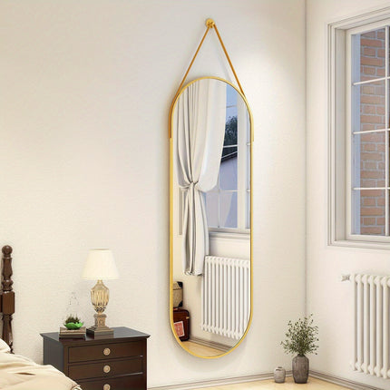"16""x48"" Arched Full Length Mirror - Modern Aluminum Frame with Hanging Leather Cord For Bathroom