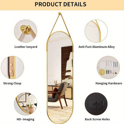 "16""x48"" Arched Full Length Mirror - Modern Aluminum Frame with Hanging Leather Cord For Bathroom