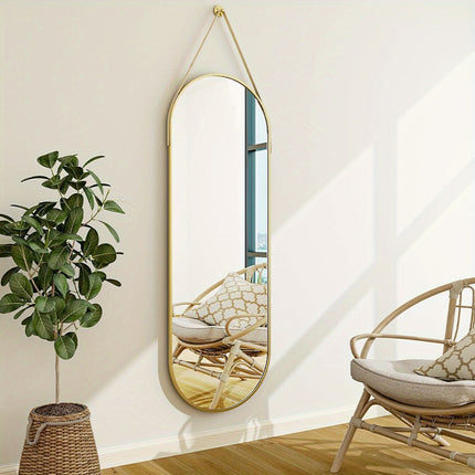 "16""x48"" Arched Full Length Mirror - Modern Aluminum Frame with Hanging Leather Cord For Bathroom