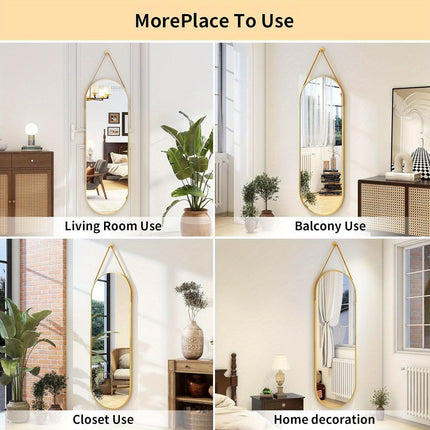 "16""x48"" Arched Full Length Mirror - Modern Aluminum Frame with Hanging Leather Cord For Bathroom