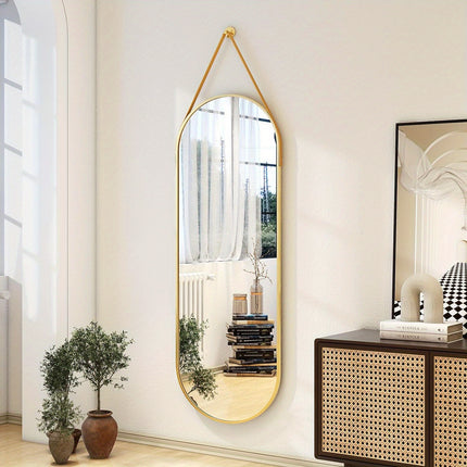 "16""x48"" Arched Full Length Mirror - Modern Aluminum Frame with Hanging Leather Cord For Bathroom
