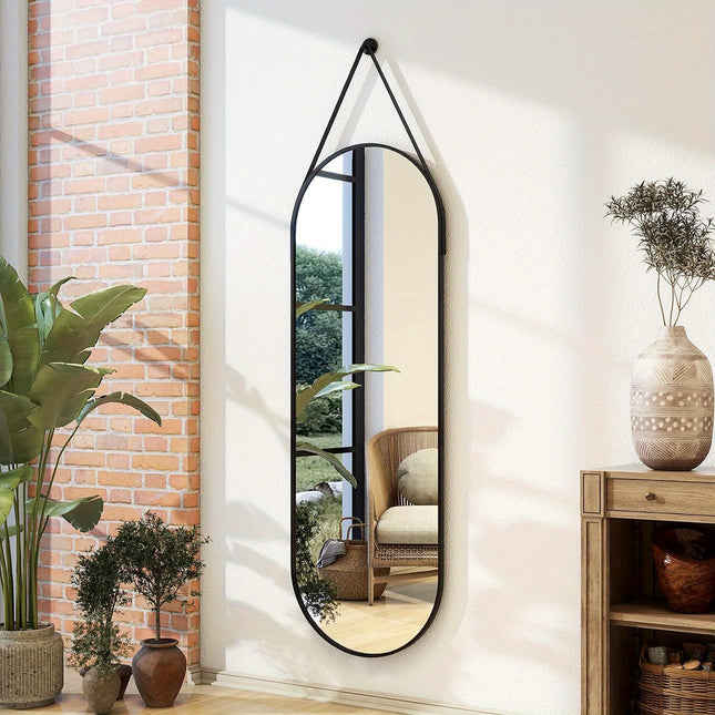 "16""x48"" Arched Full Length Mirror - Modern Aluminum Frame with Hanging Leather Cord For Bathroom