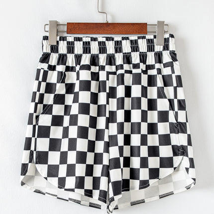 Black Checkered Print High Waist Casual Shorts