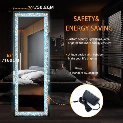 63*20 inch with Lights and Crystal Crush Diamond, Wall Mounted Hanging Diamond Mirror