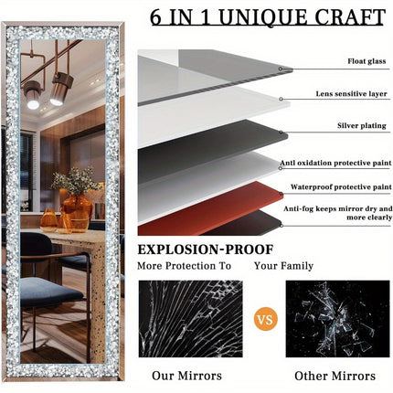 63*20 inch with Lights and Crystal Crush Diamond, Wall Mounted Hanging Diamond Mirror