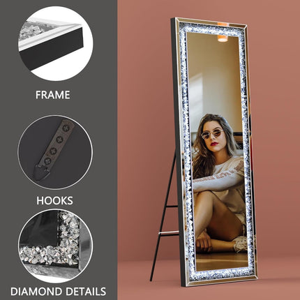 63*20 inch with Lights and Crystal Crush Diamond, Wall Mounted Hanging Diamond Mirror