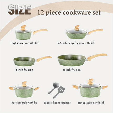 12-Piece Granite Nonstick Induction Cookware Set - Premium Aluminum Pots and Pans with Durable