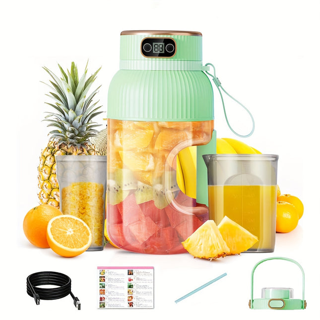 Ultra-Large 1200ml Portable Juicer with Dual Lids, USB Rechargeable, Includes Silicone Straw & Type-C Cable