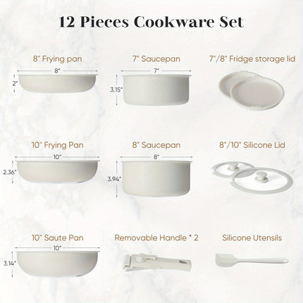 12pcs Cookware Sets, Nonstick Pots and Pans Set White Granite,