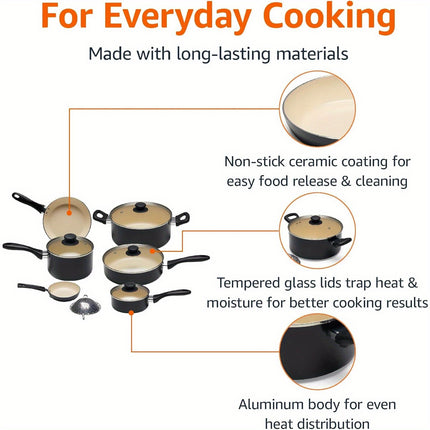 11 Piece Cookware Set, made without PFOA & PTFE, Black/Cream