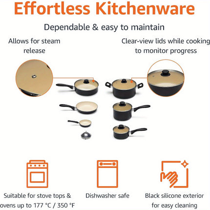 11 Piece Cookware Set, made without PFOA & PTFE, Black/Cream