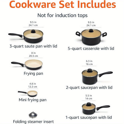 11 Piece Cookware Set, made without PFOA & PTFE, Black/Cream