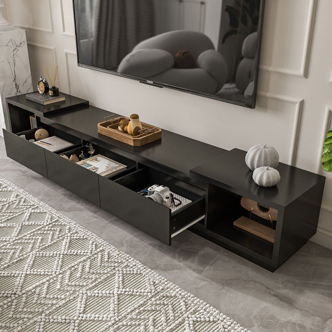 Multi-Level TV Cabinet Featuring Three Drawers And a Pull-Out Media Storage Console.