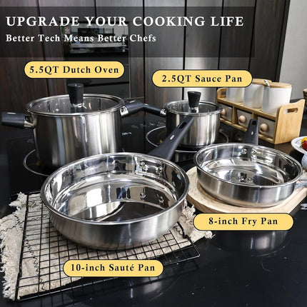 Stainless Steel Pots and Pans Set Nonstick, 6-Piece Kitchen Cookware Sets with Stay-Cool Handles