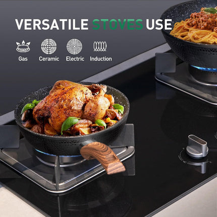 15 Pcs Non Toxic Hammered Cookware Set, Black Granite Induction Kitchen Cooking Sets