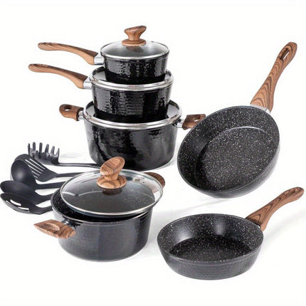 15 Pcs Non Toxic Hammered Cookware Set, Black Granite Induction Kitchen Cooking Sets