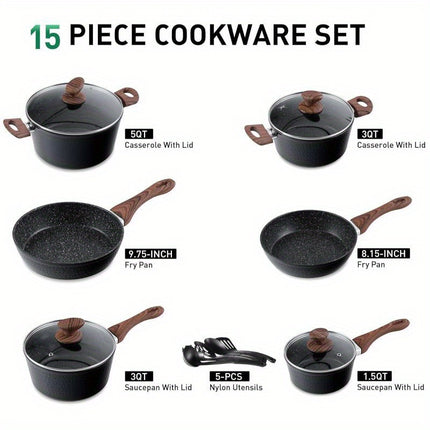 15 Pcs Non Toxic Hammered Cookware Set, Black Granite Induction Kitchen Cooking Sets