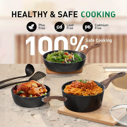 15 Pcs Non Toxic Hammered Cookware Set, Black Granite Induction Kitchen Cooking Sets