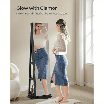 6 LEDs Lockable Frameless Full-Length Mirror Jewelry Cabinet - 360° Swivel, 3 Storage Shelves