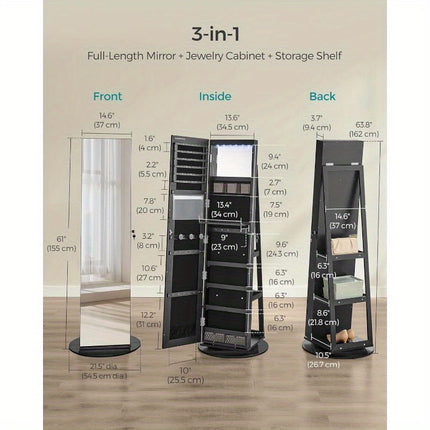 6 LEDs Lockable Frameless Full-Length Mirror Jewelry Cabinet - 360° Swivel, 3 Storage Shelves