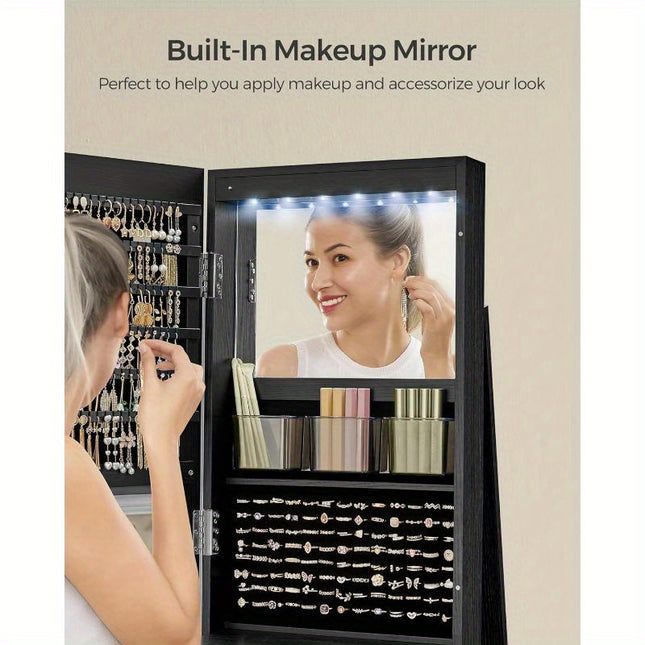 6 LEDs Lockable Frameless Full-Length Mirror Jewelry Cabinet - 360° Swivel, 3 Storage Shelves