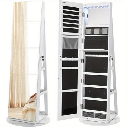 6 LEDs Lockable Frameless Full-Length Mirror Jewelry Cabinet - 360° Swivel, 3 Storage Shelves