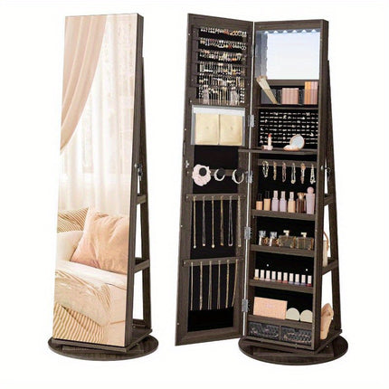 6 LEDs Lockable Frameless Full-Length Mirror Jewelry Cabinet - 360° Swivel, 3 Storage Shelves