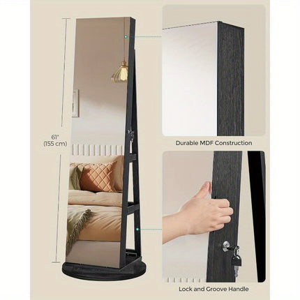 6 LEDs Lockable Mirror Jewelry Cabinet, 360° Swivel Jewelry Organizer, Standing Jewelry Armoire