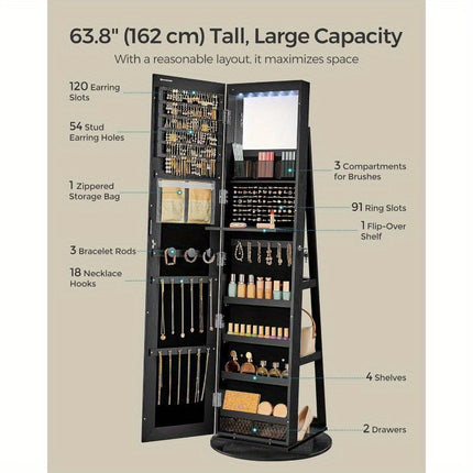 6 LEDs Lockable Mirror Jewelry Cabinet, 360° Swivel Jewelry Organizer, Standing Jewelry Armoire