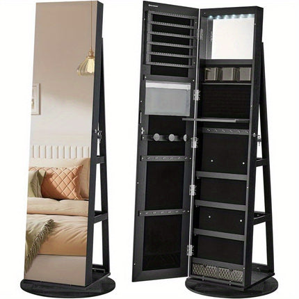 6 LEDs Lockable Mirror Jewelry Cabinet, 360° Swivel Jewelry Organizer, Standing Jewelry Armoire