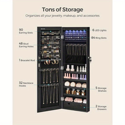 Jewelry Armoire Cabinet - Wall-Mounted with LED Interior Lights, Door-Mounted Organizer