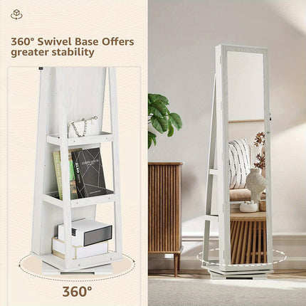 Full-Length Mirror Jewelry Cabinet - Jewelry Armoires with 360° Swivel, Locks and Keys,